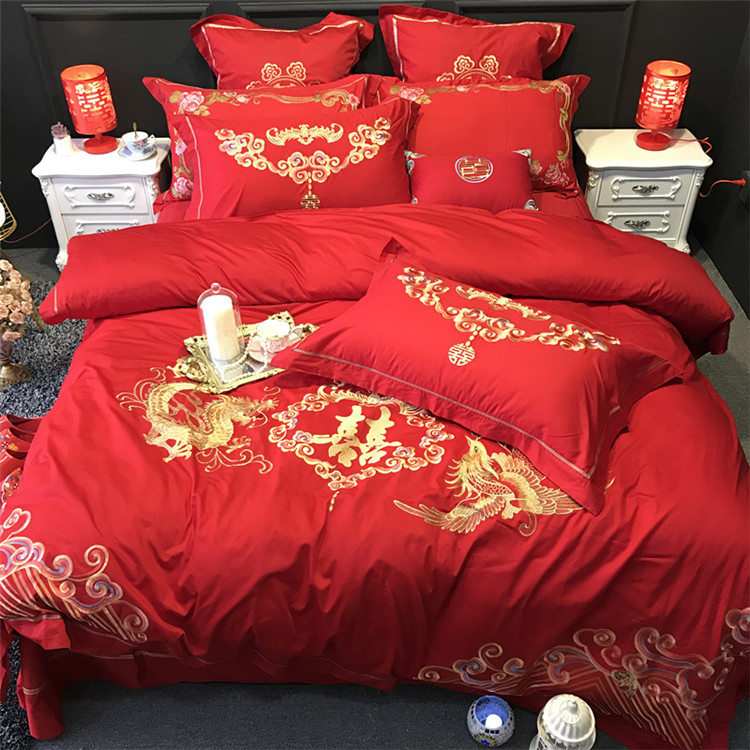 Đám cưới bốn mảnh bông cotton lớn màu đỏ đám cưới thêu quilt cover tờ sáu bộ đám cưới giường