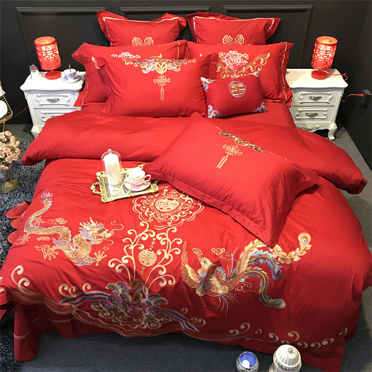 Đám cưới bốn mảnh bông cotton lớn màu đỏ đám cưới thêu quilt cover tờ sáu bộ đám cưới giường