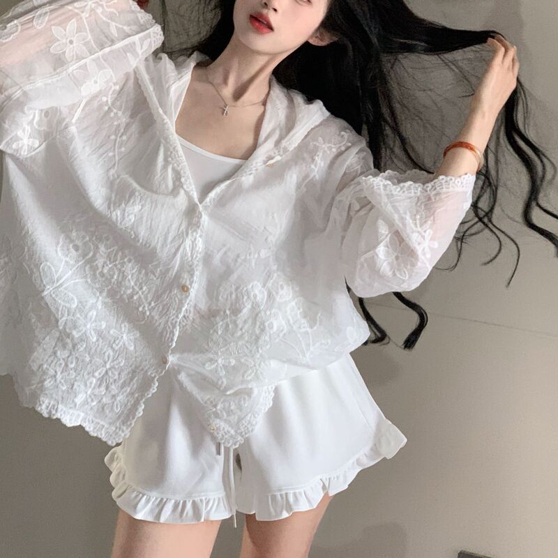 Loose and Casual Style Top Shirt Jacket - White Heavy-Duty Crochet Lace Hooded Sun Protection Shirt for Women in Summer