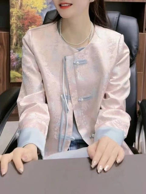 New Chinese-Style Women's Clothing with Printed Contrasting Colors and Buttoned Long-Sleeve Jacket for Women, 2026 Spring, Elegant and Sweet Top