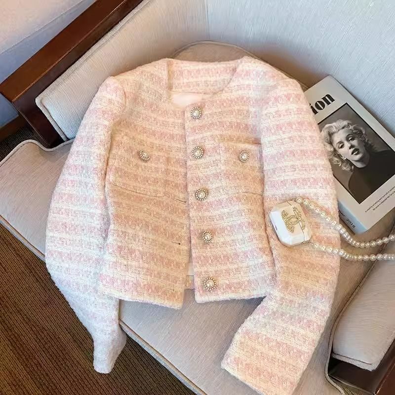 Gentle and Romantic Style, Milky Pink Pearl Button Chanel-Style Jacket for Women, New Spring and Autumn Round Neck Long-Sleeve Woven Blazer