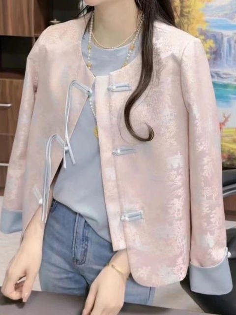 New Chinese-Style Women's Clothing with Printed Contrasting Colors and Buttoned Long-Sleeve Jacket for Women, 2026 Spring, Elegant and Sweet Top