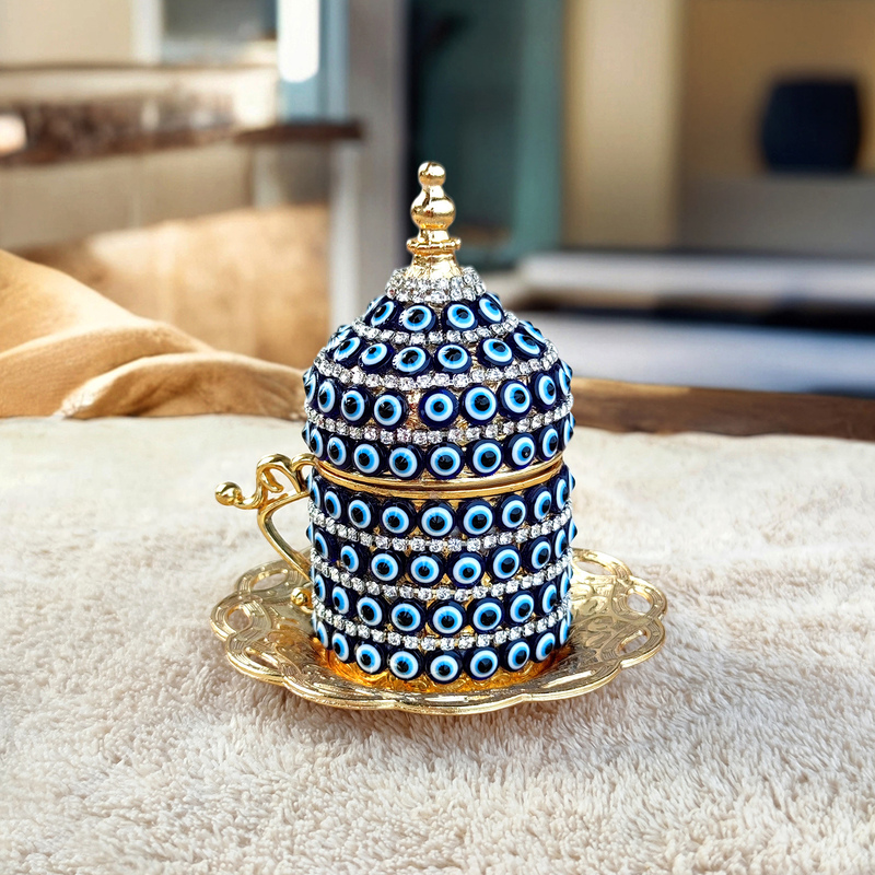 Turkish Imported Blue Eye Coffee Cup Devil's Eye Palace Style Copper Metal Gold Silver Diamond-Encrusted Water Cup Set