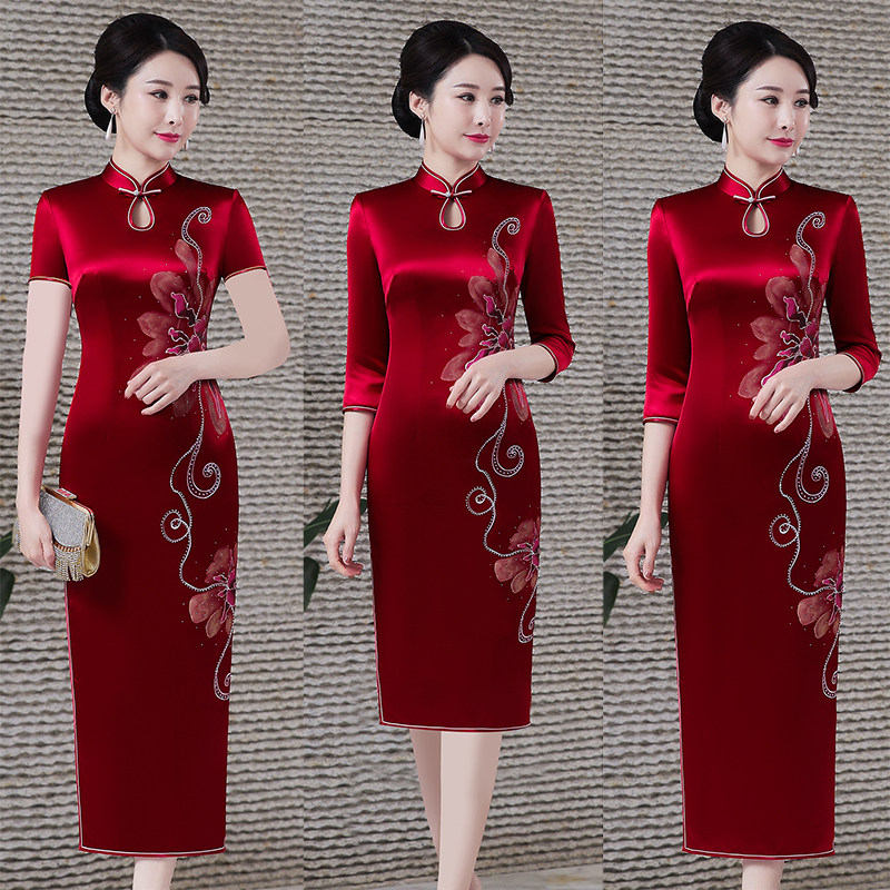 2021 summer new retro heavy acetic acid high-end mother cheongsam wedding banquet Chinese style happy mother-in-law dress skirt