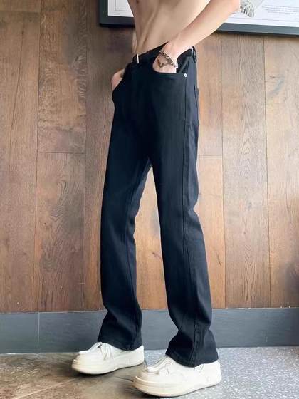 春秋白色微喇牛仔裤男潮牌修身直筒裤子美式高街vibe痞帅休闲长裤