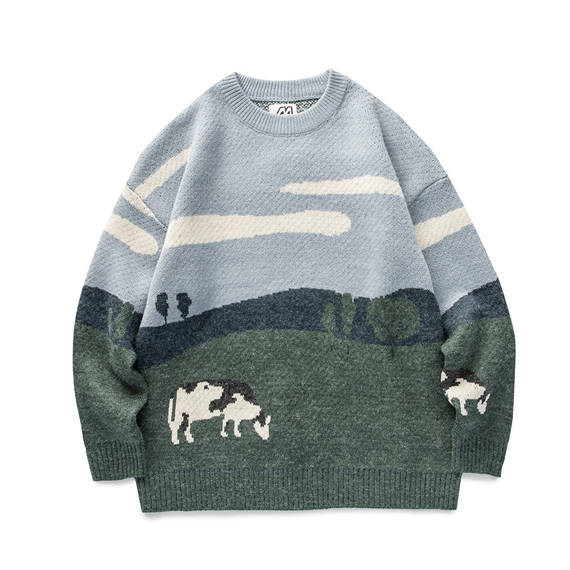 2024 New Style Cow Print Fresh Round Neck Sweater for Men, Trendy Japanese Style Pullover, Hong Kong Style Thickened Color-Blocked Knitwear ins