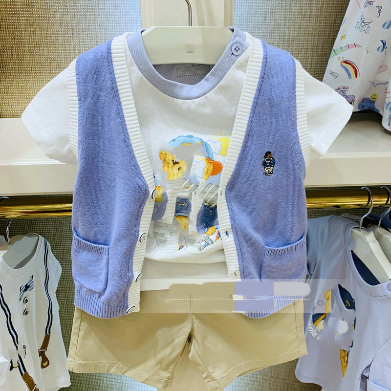 2021 new male baby boy knit waistcoat Vest Pure Cotton Sky Blue Cardique good lap vest