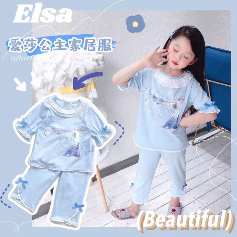 Spring girls will suck blue Princess Sleeping Sleeping Pants Sets Children's baby Summer Summer Pure Cotton Home Conserved Middle Sleeve