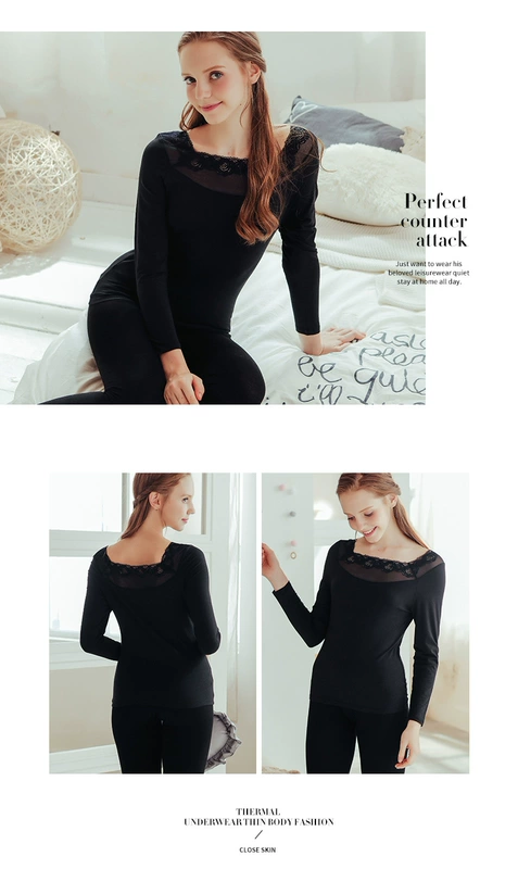 Fen Teng mùa thu và mùa đông mới đồ lót nhiệt của phụ nữ tight-fitting ngọt ngào ren từ cổ áo knit slim body mùa thu phù hợp với quần áo