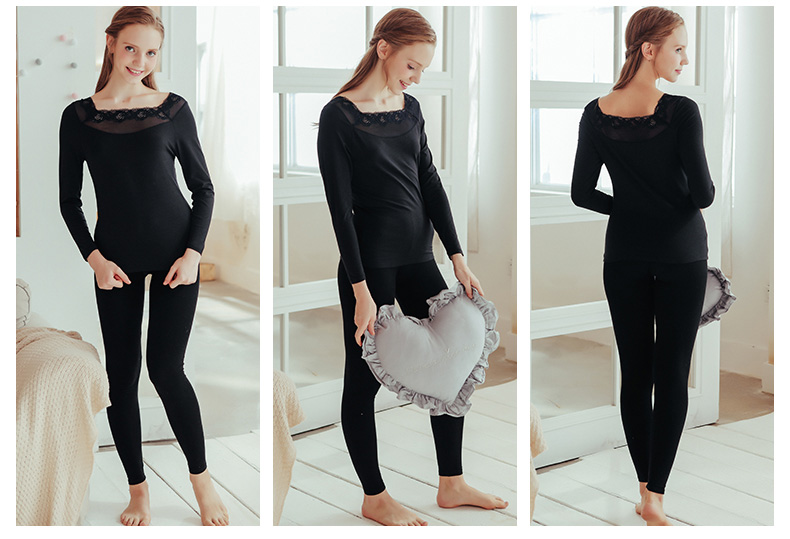 Fen Teng mùa thu và mùa đông mới đồ lót nhiệt của phụ nữ tight-fitting ngọt ngào ren từ cổ áo knit slim body mùa thu phù hợp với quần áo