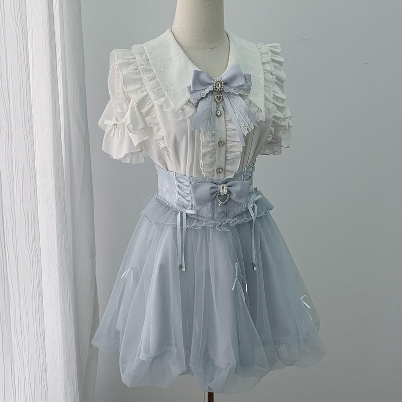 【Dream Wanderer's Melody】Clear and Refreshing Summer Aqua Two-Piece Set for Women: Bow-Tie Shirt + Aqua Floral Short Skirt