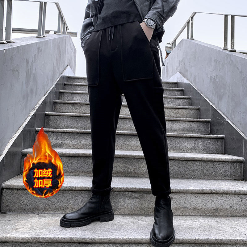 Pants men long pants Korean version trendy models Body Trousers Black Fur Upland Pants Thickened Sports Thick Cotton Pants