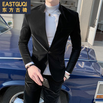 Autumn and winter collarless leather mens small suit two-piece gold velvet Korean version of self-cultivation social guy yuppie suit