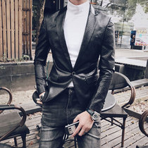 Small suit male slim Korean version of tide handsome night check leather personality suit jacket single coat single top hair stylist