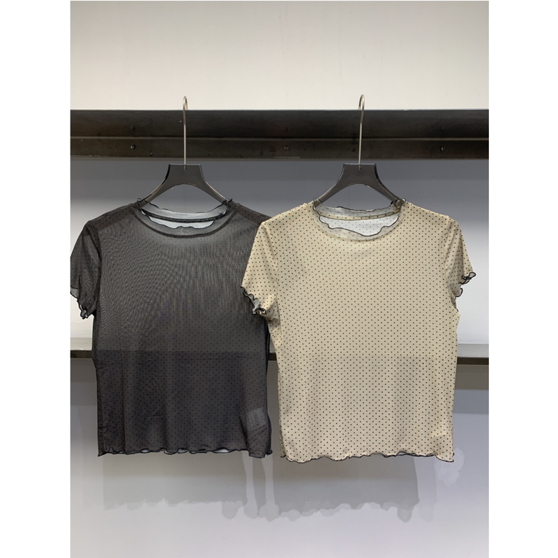 [Tangtangjia] 26 Spring New Collection Semi-Sheer Polka Dot Lace Mesh T-Shirt Thin Sexy Half-Sleeve Base Shirt