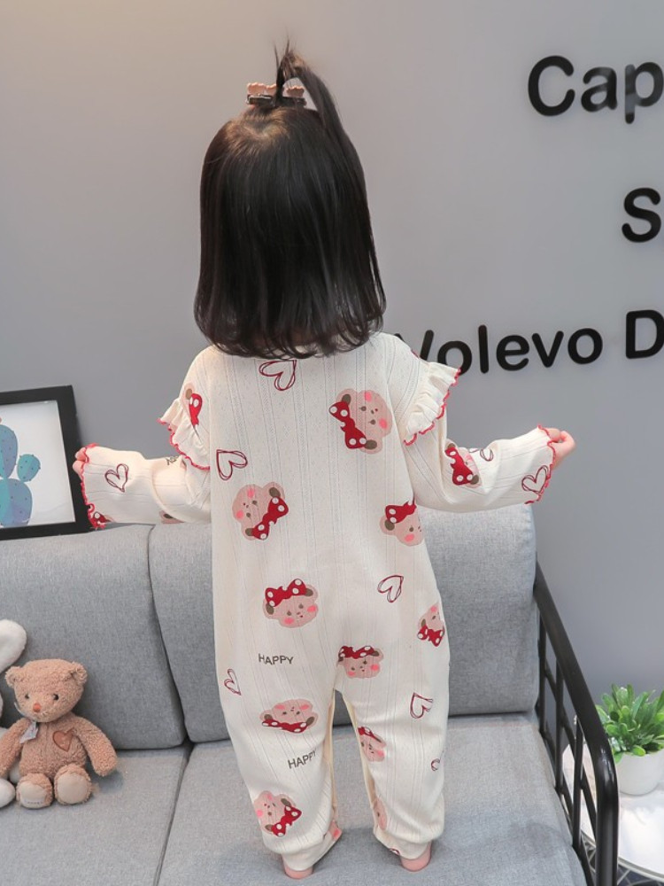 GIRLS ONE-PIECE PAJAMAS SUMMER THIN BABY SMALL BREATHABLE COTTON SLEEPING BAG CHILDRENS SUMMER LONG SLEEVE AIR-CONDITIONED LOUNGEWEAR