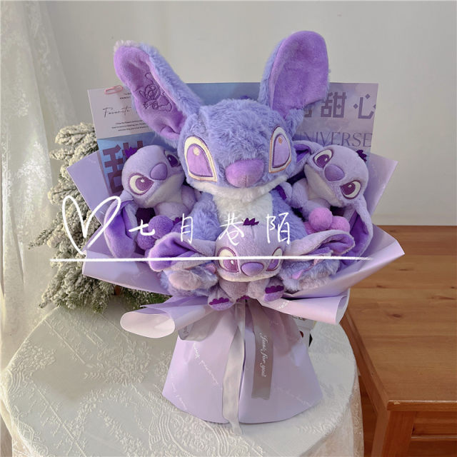 Stitch Bouquet Purple Finished Doll Creative Best Friends Birthday Graduation Gift Strawberry Bear Plush Flower for Girlfriend