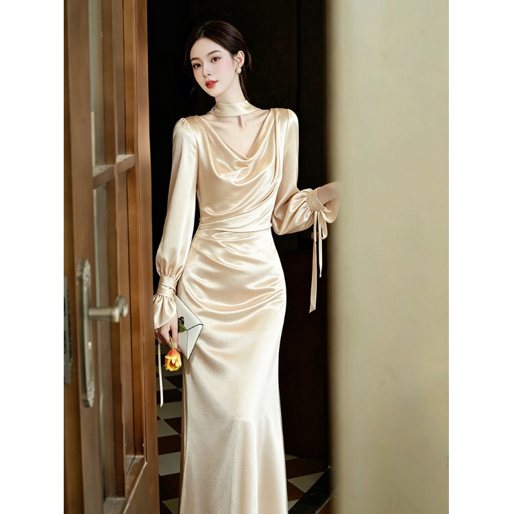 French Evening Dress with Stunning Elegance, Simple Party Wedding Flowing Dress, Morning Gown, Light Luxury Niche Fishtail Long Dress