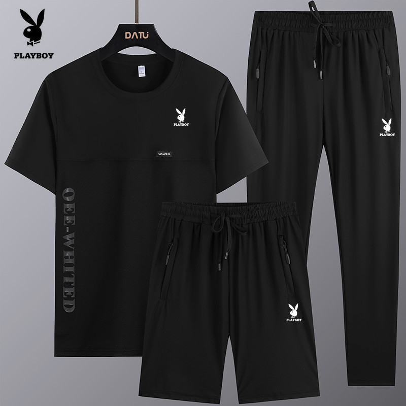 Playboy Sports Suit Men's Summer Thin Loose Large Size Ice Silk Quick-Drying Pants Casual Clothing Three-Piece Set