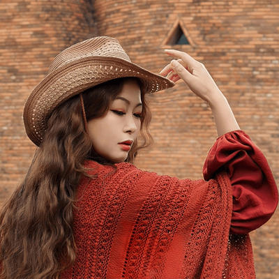 2026 Summer New style cowboy hat, ethnic style travel photo hat, foldable straw hat, wide hood, rolled-up hat