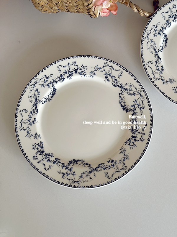 ins Retro American-Style Ceramic Dessert Plate, High-Quality Round Household Dish Plate, Floral Dish Plate with Bow