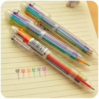 Cute 6-color ballpoint pen Korean creative stationery pole multi-function atomic Press color oil pen trendy 6 refills
