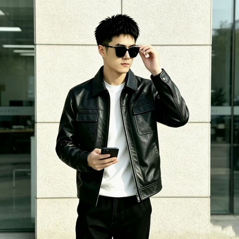 2026 Men's New Style Black Lapel Pu Leather Jacket Short Slim Fit Casual Stylish Trendy Motorcycle Leather Jacket 2026 Men's New Style Black Lapel Pu Leather Jacket Short Slim Fit Casual Stylish Trendy Motorcycle Leather Jacket