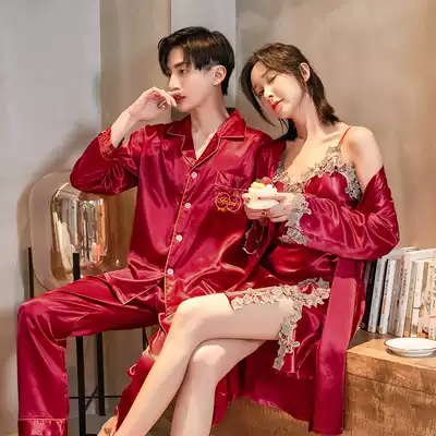 Couple pajamas spring and autumn thin female Ice Silk sexy sling nightgown nightgown Korean men long sleeve wedding suit