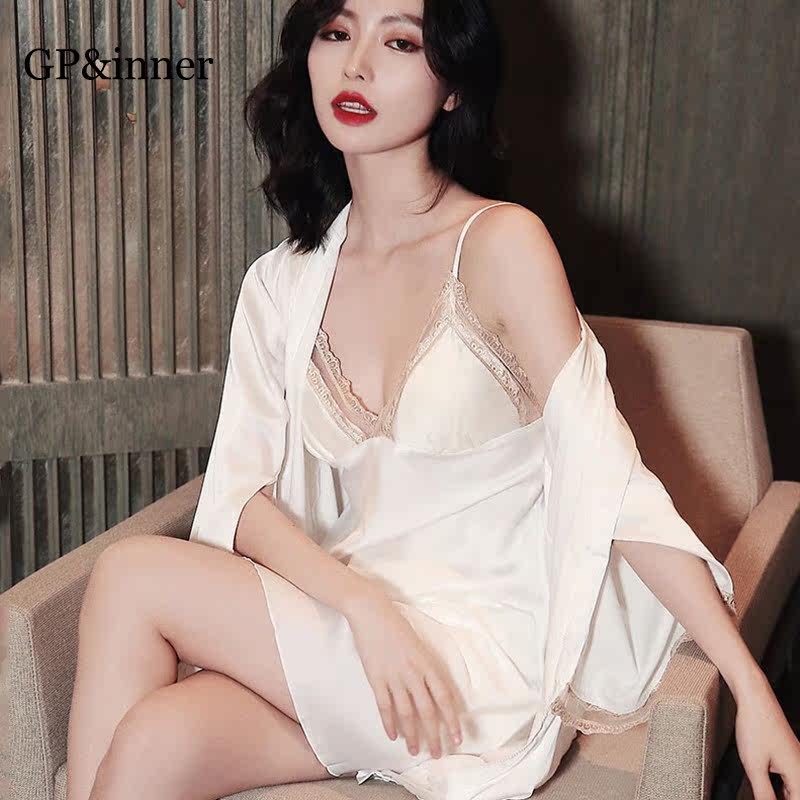 Sling nightdress women's summer ice silk 2022 new solid color hot sexy deep v short skirt silk nightgown two-piece set