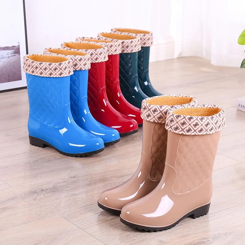 New Middle Cylinder Plus Suede Rain Shoes Rain Boots Waterproof Shoes Rubber Shoes Cover Shoes Water Boots Women Fashion Adults Non-slip High Cylinder Rain Shoes-Taobao