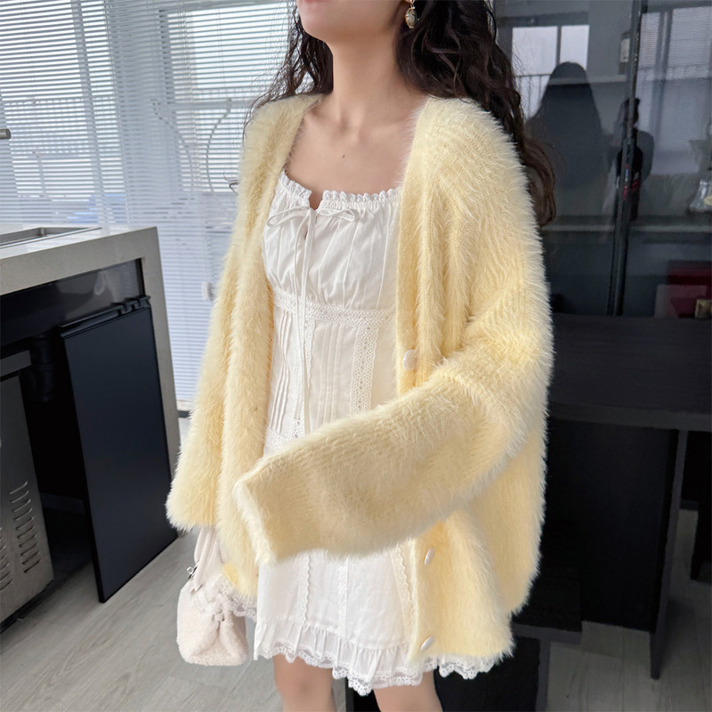 Gentle Yellow Coat for Women, New Spring and Autumn Mink Velvet Sweater Cardigan, Loose and Lazy Style, Soft and Fluffy Knit