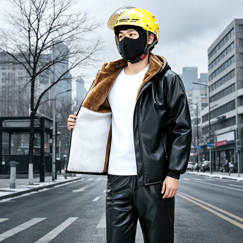 Winter Delivery Rider Men's Leather Jacket and Pants Set, Fleece-Lined, Thickened, Waterproof, Windproof, Warm, Cold-Resistant Winter Delivery Rider Men's Leather Jacket and Pants Set, Fleece-Lined, Thickened, Waterproof, Windproof, Warm, Cold-Resistant