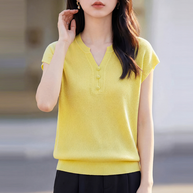 Pure Cotton V-Neck Short-Sleeved Knitwear for Women, Summer Thin Yellow Top, Comfortable and Elegant Style T-Shirt, Slimming Plus-Size Vest