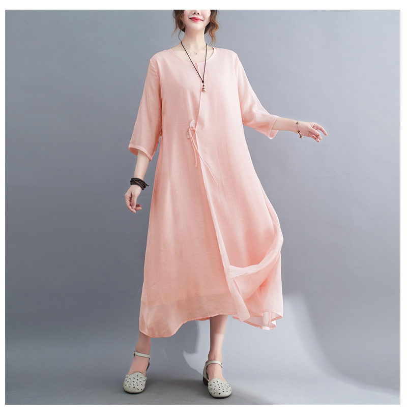 2022 Real-shot In-stock Vintage Artistic Elegant Cotton-linen Cool Round-neck Three-quarter Sleeve Zen-style Robe Dress_ecoleips.com