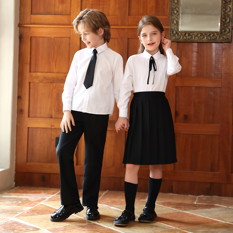 Girls' Preppy Style White Shirt and Black Midi Skirt Set, Children's Poetry Recitation and Choir Host Performance Outfit