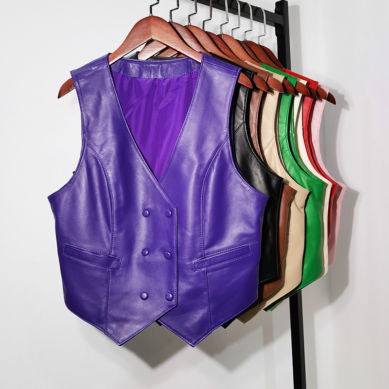 Sheepskin Vest Spring New Style Sleeveless V-Neck Leather Vest Women's Short Fashion Outerwear Genuine Leather Waistcoat