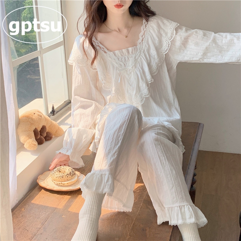 Japanese Gp Sweet Lace Princess Style Pajamas for Women, Spring and Autumn Pure Cotton Gauze White Thin Home Wear Set for Summer