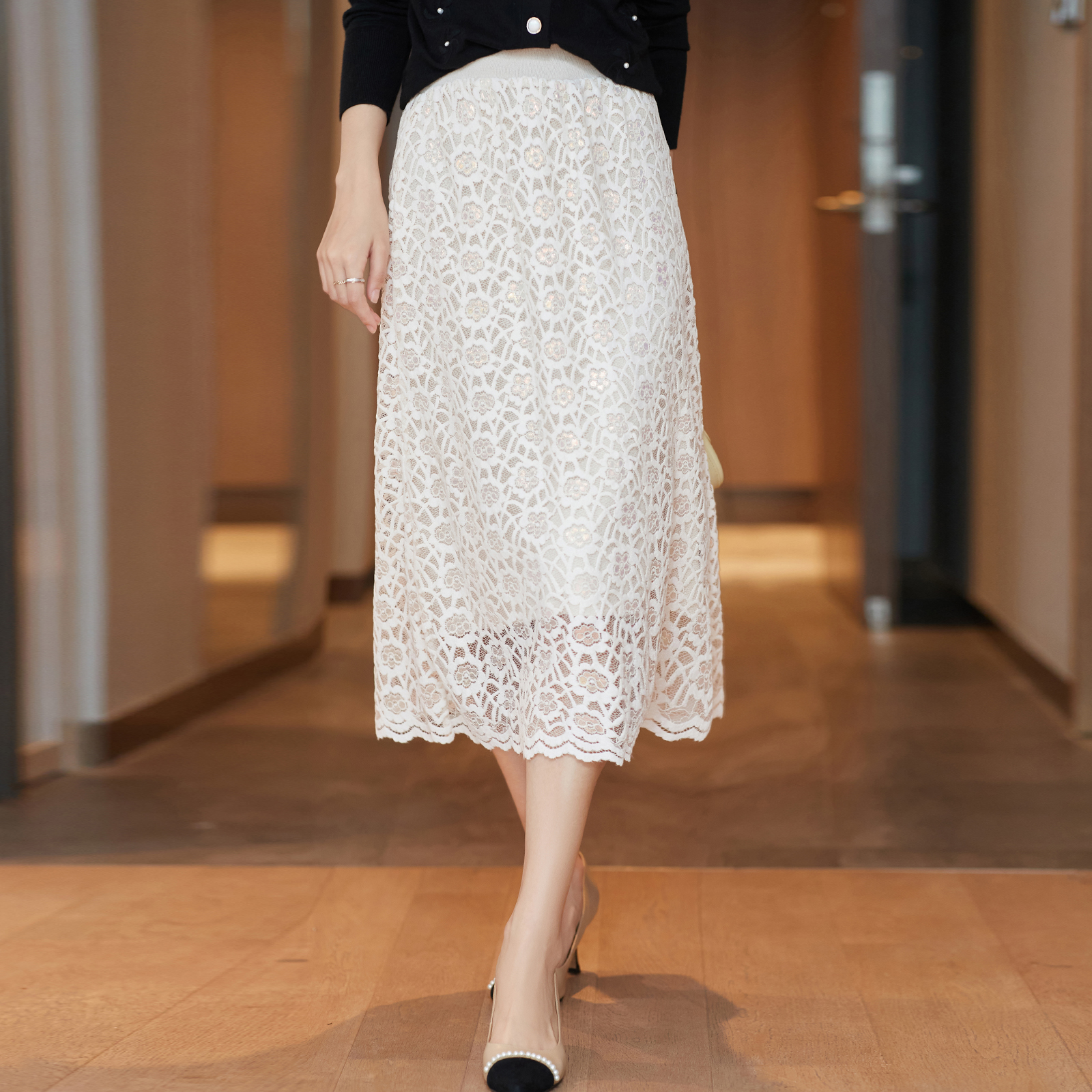 FENPERATE 2023 Spring and Autumn Mi - Mi - white temperament elegant two sides wearing A - character skirt