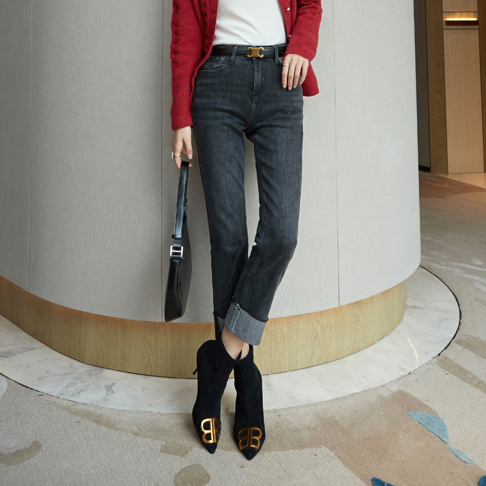 Version classic and the Four Seasons 100 hitch 2022 New black grey hair side conspicuically skinny girls' denim