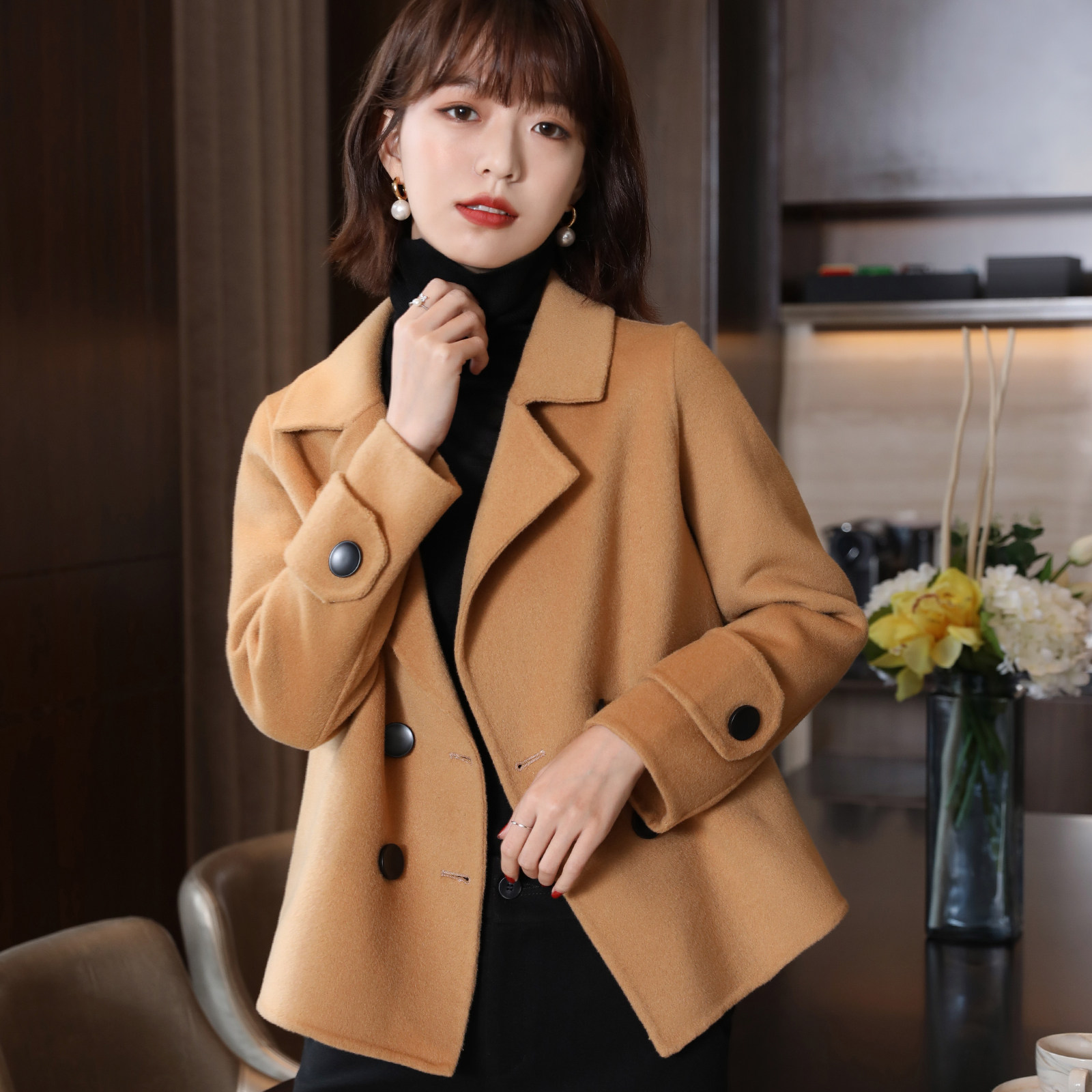 Double-sided cashmere coat women's autumn and winter new style 2022 temperament Hepburn style small woolen woolen coat