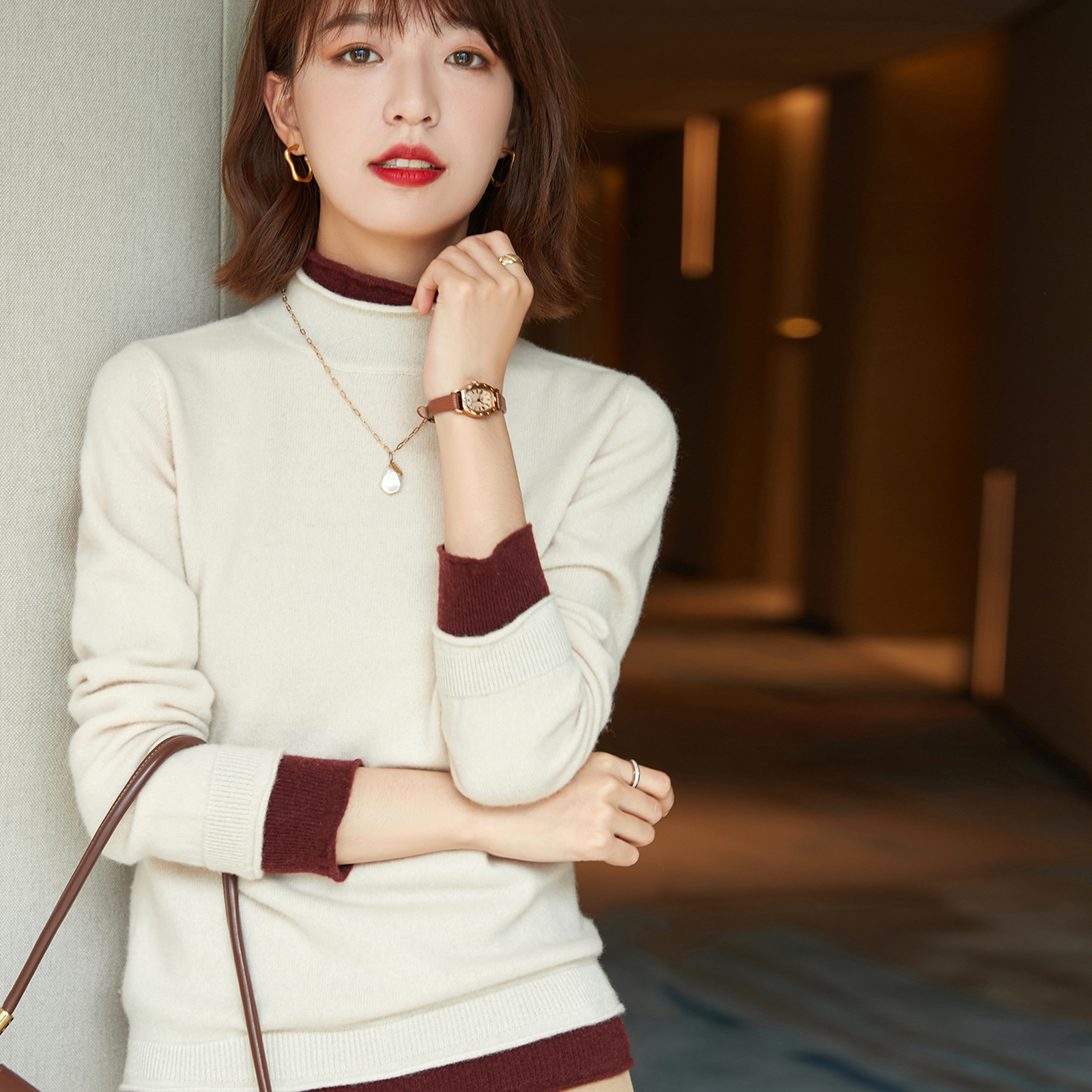 FENPERATE relaxed white women's dress Early autumn winter New 2021 Coloured wool fake two pieces of lazy wind