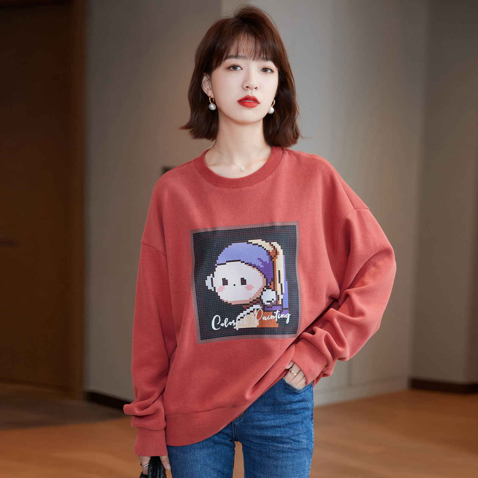 Oil Painting Design Style Retro Fashion 2021 Autumn/Winter Reduction Age 100 Lap Day Department Cartoon Printed Treetop Female