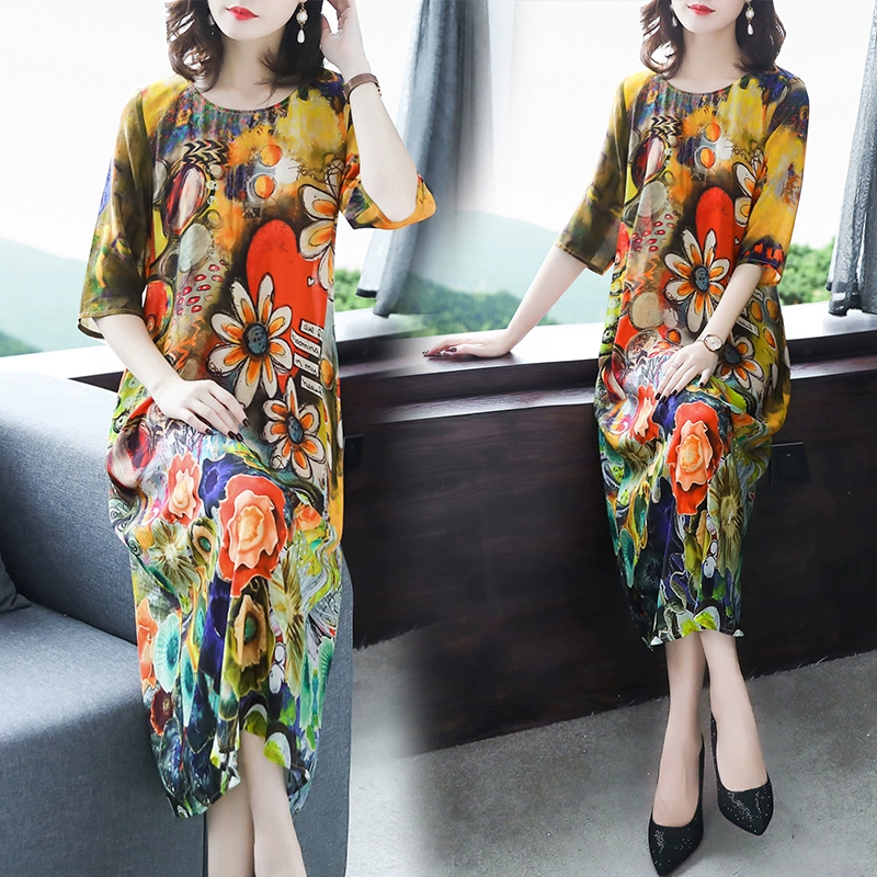 Sản phẩm mới mùa hè 2019 của phụ nữ cổ tròn màu sắc ba phần tư tay áo lụa váy lụa dâu tằm dài giữa - Sản phẩm HOT