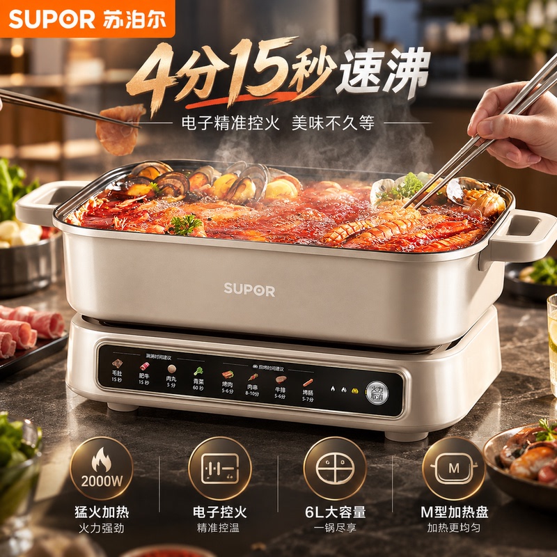 Supor Electric Hot Pot for Home Use, Multifunctional Cooking, Separate Type for Grilling Meat and Fish, Special for Steaming, Boiling, Frying, and Stir-Frying Supor Electric Hot Pot for Home Use, Multifunctional Cooking, Separate Type for Grilling Meat and Fish, Special for Steaming, Boiling, Frying, and Stir-Frying