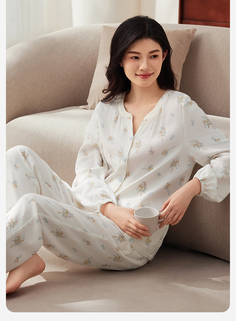 October Crystal Bamboo Cotton Cloud Gauze Maternity Pajamas Homewear Set for Pregnant and Postpartum Women, Nursing Sleepwear, Autumn Style for Women — 16