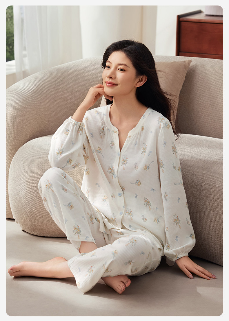 October Crystal Bamboo Cotton Cloud Gauze Maternity Pajamas Homewear Set for Pregnant and Postpartum Women, Nursing Sleepwear, Autumn Style for Women — 36