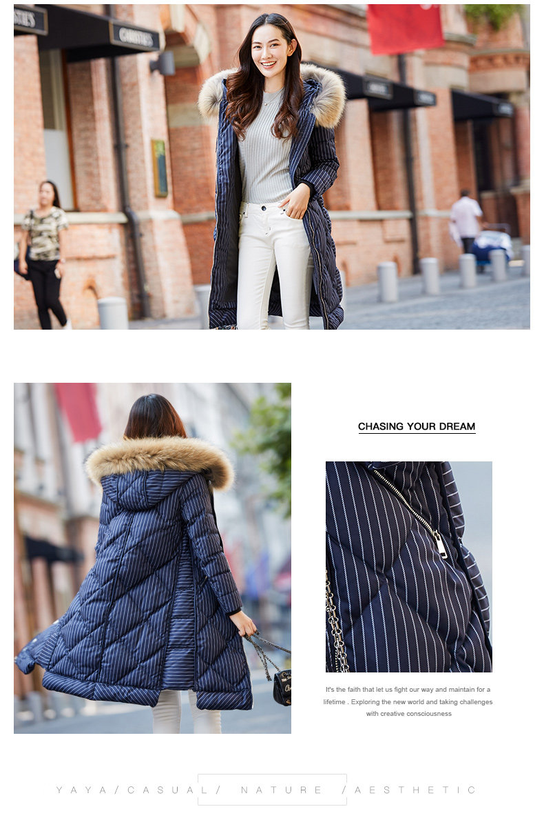 降40元 鸭鸭 格子条纹 貉子毛领中长款 女式连帽羽绒服 双重优惠折后￥198包邮 2色可选