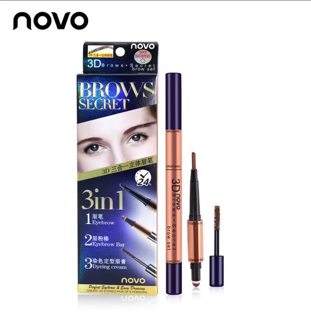 Bút chì kẻ lông mày kết hợp ba trong một của NOVO + bột lông mày + kem nhuộm lông mày không dễ làm nhòe lông mày không thấm nước kéo dài bút chì lông mày 3D chì kẻ mày màu nâu đen