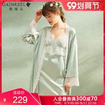 Gerrill summer new sexy lace suspender nightgown women ice silk robe set can be worn outside home clothes