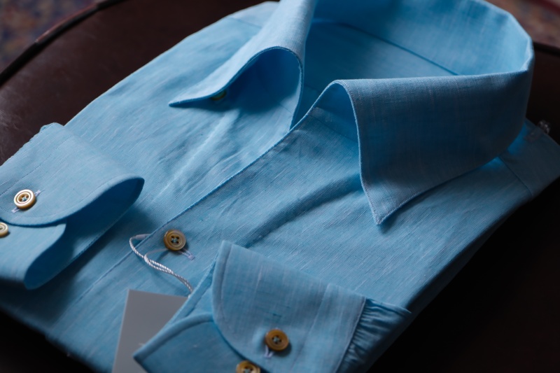 Italian Naples Three-Step Handmade Canclini Linen Tiffany Blue Men's Business Casual Shirt